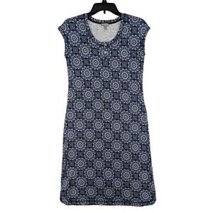 T by Talbots Dress Womens S Blue Medallion Print Cap Sleeve Pocket Jersey Sheath